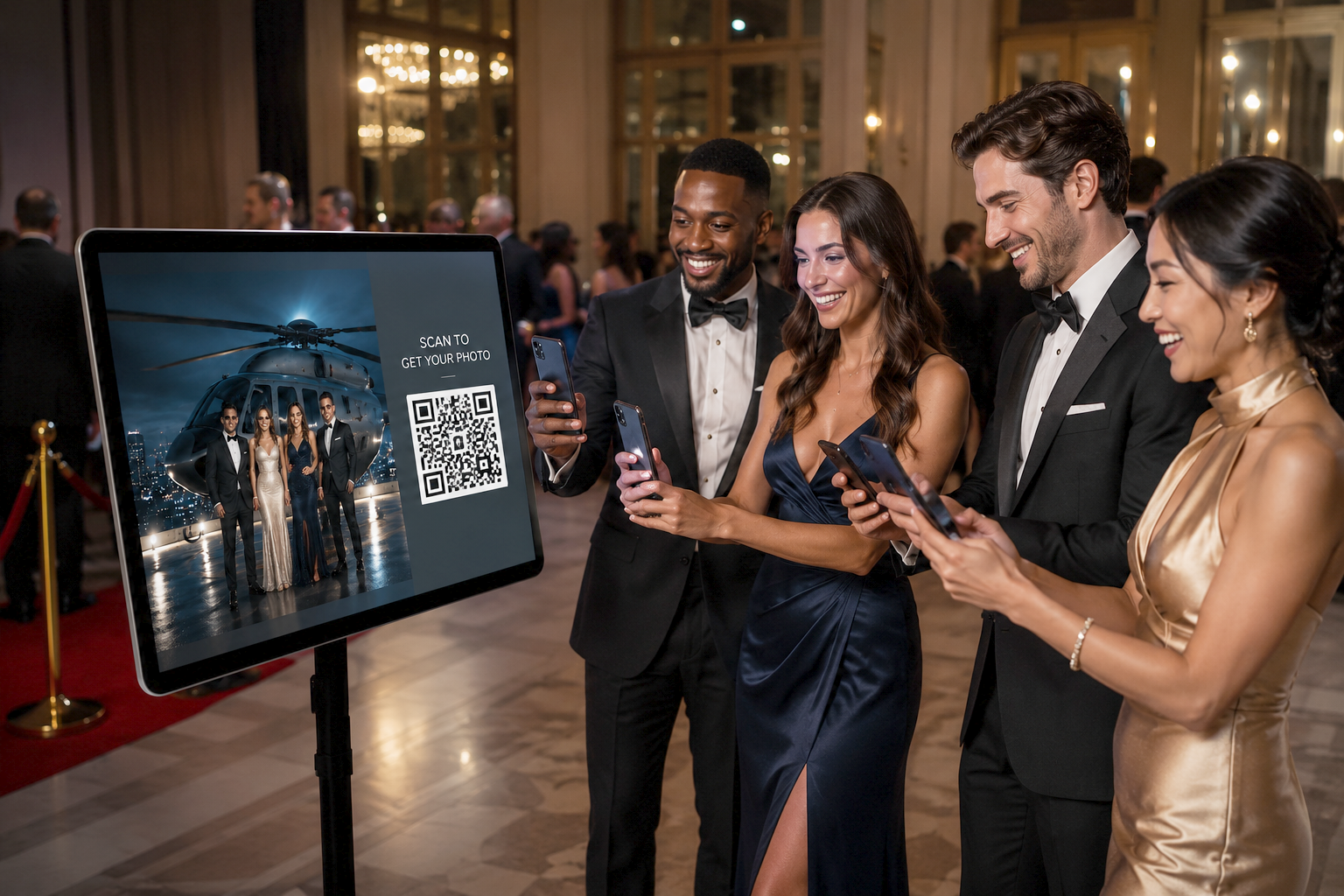 Guests using AI photo booth at luxury event