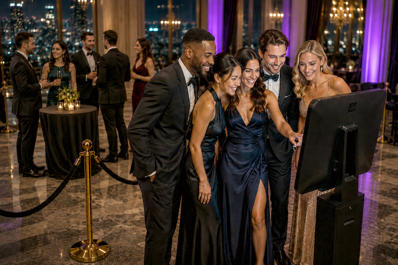 Elegant guests experiencing the AI photo booth