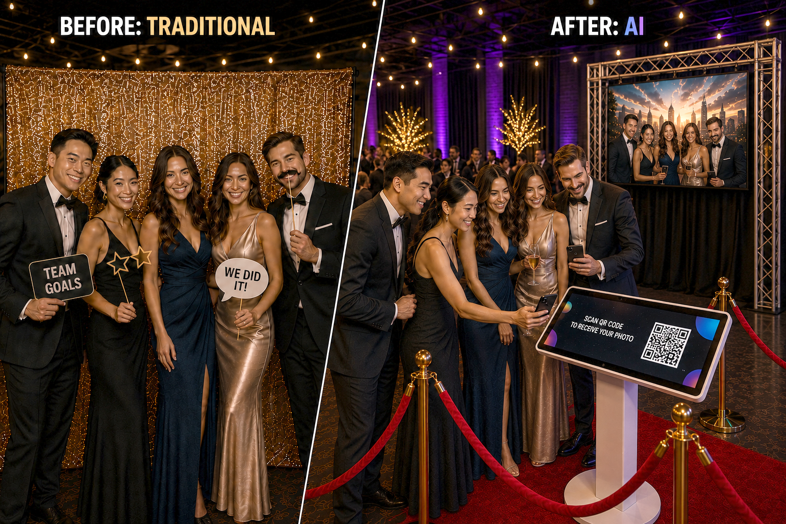 Before: Traditional Photo Booth vs After: AI Photo Experience